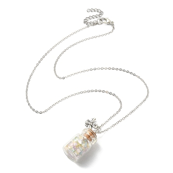 Bee Alloy Pendant Necklace, Glass Chips Wish Bottle Necklace, Antique Silver, 17.91 inch(45.5cm)