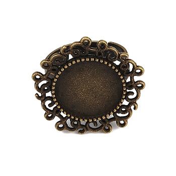 Vintage Adjustable Iron Flower Finger Ring Components Alloy Cabochon Bezel Settings, Cadmium Free & Nickel Free & Lead Free, Antique Bronze, Flat Round Tray: 14mm, 17mm