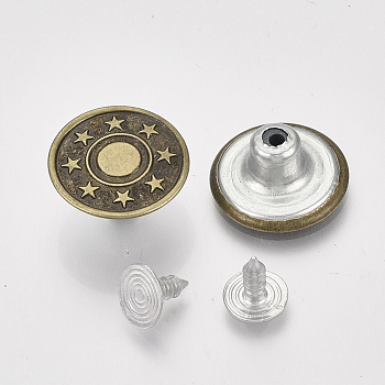 Iron Button Pins for Jeans, Garment Accessories, Flat Round with Star Pattern, Antique Bronze, 17x7.5mm, Hole: 1.8mm, Pin: 7.5x8mm, Knob: 2.5mm, 2pcs/set