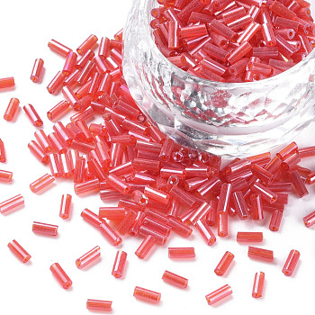 Transparent Colours Luster Glass Bugle Beads, Round Hole, Crimson, 3~8x2mm, Hole: 0.7mm, about 450g/pound