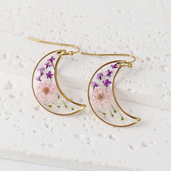 Moon 304 Stainless Steel Dangle Earrings, with Alloy Earring Findings & Resin Dried Flower, Golden, Pink, 26x18mm