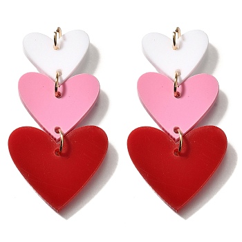 Acrylic Big Pendants, Heart Charms, with Light Golden Loop, Hot Pink, 55.5x28.5x2.5mm, Hole: 5mm