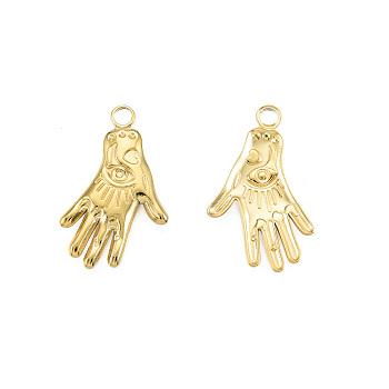 Ion Plating(IP) 201 Stainless Steel Pendants, Hand with Eye, Real 18K Gold Plated, 23.5x15x2mm, Hole: 2mm