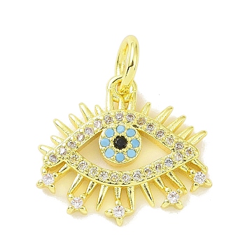 Real 18K Gold Plated Brass Micro Pave Cubic Zirconia Pendants, with Jump Ring, Evil Eye Charms, Colorful, 15.5x17.5x2mm, Hole: 4mm