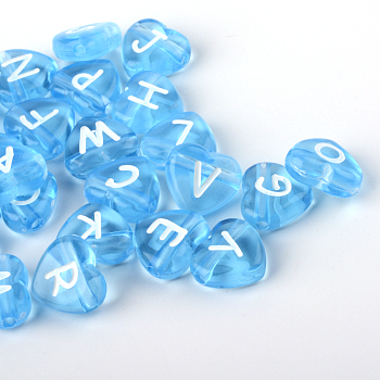 Transparent Acrylic Heart Horizontal Hole Letter Beads, Dodger Blue, 10.5x11.5x4.5mm, Hole: 2mm