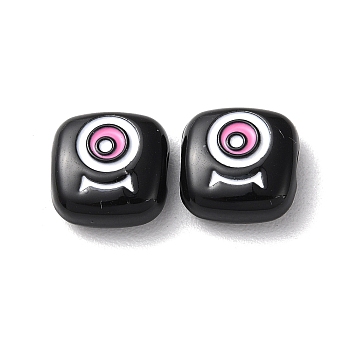 Spray Painted Alloy Enamel Beads, Square with Eye, Black, 10x10x4mm, Hole: 1.8mm