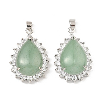 Natural Green Aventurine & Rhinestone Pendants, with Platinum Tone Rack Plating Brass Wire Wrap, Long-Lasting Plated, Lead Free & Cadmium Free, Teardrop, 40x26x13mm, Hole: 6x4.5mm