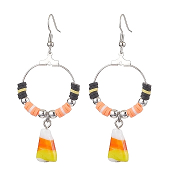 Halloween Candy Corn Handmade Lampwork & Polymer Clay Dangle Earrings for Women, with Brass Earring Hooks, Colorful, 67x29.5mm