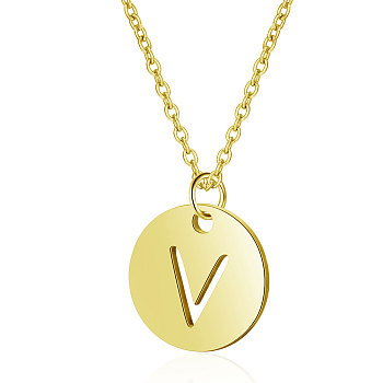 201 Stainless Steel Initial Pendants Necklaces, with Cable Chains, Flat Round with Letter, Golden, Letter.V, 16.3 inch(40cm), 1mm