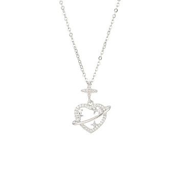 Brass Pave Crystal Rhinestone Pendant Necklaces for Wowen, Platinum, Heart, 15.35 inch(39cm), Pendant: 14.1x14.9mm