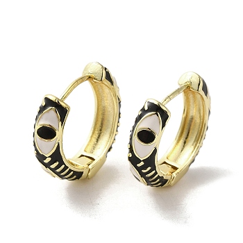 Horse Eye Real 18K Gold Plated Brass Hoop Earrings, with Enamel, Black, 22~22.5x6mm