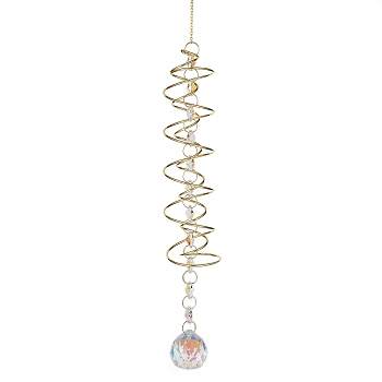 Spiral Alloy Hanging Ornaments, Iron Chain & Glass Octagon Beads & Round Tassel for Home Garden Decorations, Golden, 435mm