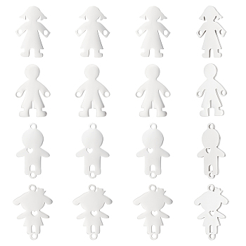 Unicraftale 16Pcs 4 Style 201 Stainless Steel Connector Charms, Laser Cut, Boy & Girl Silhouette, Stainless Steel Color, 16.5~19x11~13.5x1mm, Hole: 1.4mm, 4pcs/style