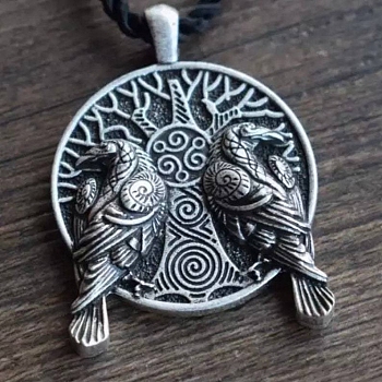 Tibetan Style Alloy Pendants, Flat Round with Crow Charms, Antique Silver, 45mm