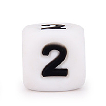 Silicone Beads, for Bracelet or Necklace Making, Black Arabic Numerals Style, White Cube, Num.2, 10x10x10mm, Hole: 2mm