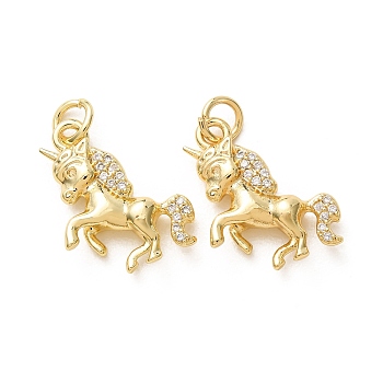 Brass Micro Pave Clear Cubic Zirconia Pendants, Animal Charms, Lead Free & Cadmium Free, Rack Plating, Long-Lasting Plated, Real 18K Gold Plated, Unicorn, 15x18.5x4mm, Hole: 3.3mm