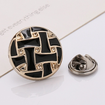Plastic Brooch, Alloy Pin, with Enamel, for Garment Accessories, Round, Black, 25mm