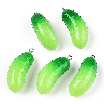 Opaque Resin Vegetable Pendants, Cucumber Charms, with Platinum Plated Iron Loops, Green Yellow, 38~41x16x14.5mm, Hole: 2mm