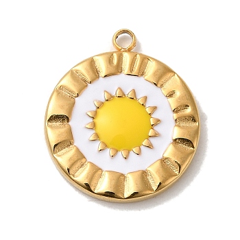 304 Stainless Steel Enamel Pendants, Golden, Flat Round with Sun Charm, Gold, 17.5x15.5x2.1mm, Hole: 1.6mm
