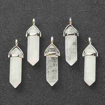 Natural Quartz Crystal Pendants, with Platinum Tone Brass Findings, Bullet, 39.5x12x11.5mm, Hole: 4.5x2.8mm