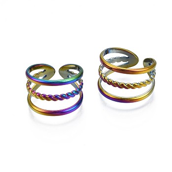 304 Stainless Steel Triple Line Wrap Cuff Ring, Rainbow Color Open Ring for Women, US Size 8 3/4(18.7mm)