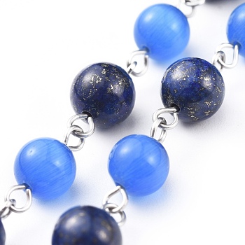 Handmade Natural Lapis Lazuli Beaded Chains, Unwelded, with Cat Eye Beads and 304 Stainless Steel Eye Pin, Round, Stainless Steel Color, 15x8mm, 39.37 inch(1m)/strand