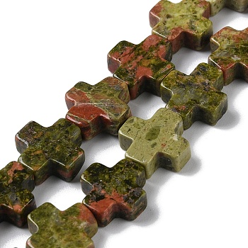 Natural Unakite Beads Strands, Cross, 13x12.5x4mm, Hole: 1mm, about 18pcs/strand, 9.21''(23.4cm)