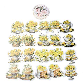 20Pcs Romantic FLower Tea Cup and Pot PVC Self-Adhesive Waterproof Decorative Stickers, for DIY Scrapbooking, Yellow, 75~80x68~80x0.2mm