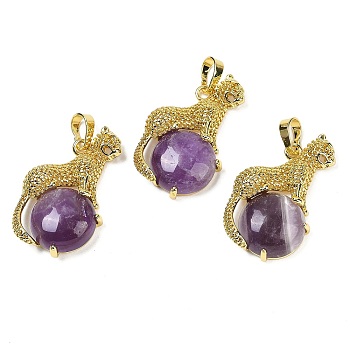 Natural Amethyst Ball with Leopard Shape Brass Pendants, Rack Plating, Cadmium Free & Lead Free, Long-Lasting Plated, 35x22x6.5mm, Hole: 7x3.5mm