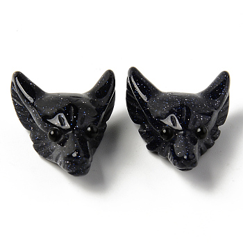 Synthetic Blue Goldstone Pendants, Top Drilled Beads, with Black Onyx Eye, Wolf Head, 30.5x23.5x11.5~13mm, Hole: 2mm