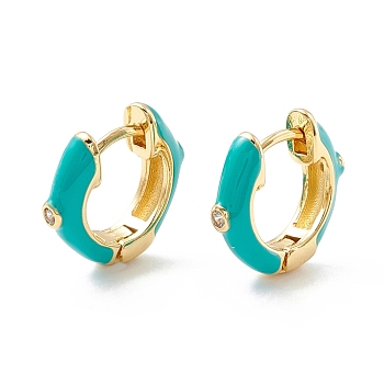 Clear Cubic Zirconia Chunky Hinged Hoop Earrings with Enamel, Brass Jewelry for Women, Cadmium Free & Nickel Free & Lead Free, Real 18K Gold Plated, Dark Turquoise, 16x4mm, Pin: 1mm