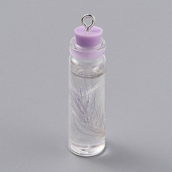 Transparent Glass Bottle Pendant Decorations, with Feather Inside and Plastic Stopper, Plum, 41x11mm, Hole: 2mm