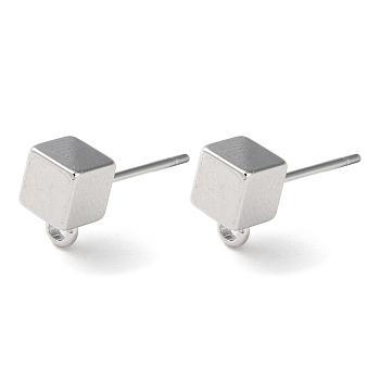 Brass Stud Earring Findings, with Horizontal Loop, Cube, Real Platinum Plated, 8x5mm, Hole: 1.5mm, Pin: 0.7mm