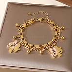 Mother's Day 304 Stainless Steel Figaro Chain & Box Chain Double Layered Bracelets, Charm Bracelets for Women, with Enamel, Golden, Mom & Baby Boy, 7.48 inch(19cm)(FS-WGD8770-09)