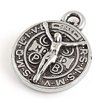 Tibetan Style Alloy Pendants, Flat Round with Saint Benedict, Cadmium Free & Lead Free, Antique Silver, 17x14x3mm, Hole: 2mm(X-TIBE-S298-190AS-LF)