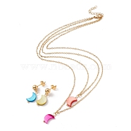 Synthetic Shell Moon Pendant Double Layer Neckalces and Dangle Stud Earrings, Gold Plated 304 Stainless Steel Jewelry Sets for Women, Colorful, 16.22 inch(41.2cm), 25mm, Pin: 0.8mm(SJEW-F217-02G)