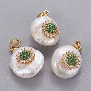 Natural Cultured Freshwater Pearl Pendants, with Brass Micro Pave Cubic Zirconia Findings, Nuggets with Flower, Long-Lasting Plated, Golden, Green, 17~27x12~16x6~12mm, Hole: 4x2.5mm(KK-L187-02D)