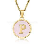 Natural Shell Initial Letter Pendant Necklace, with Golden Stainless Steel Cable Chains, Letter P, 17.72 inch(45cm)(LE4192-19)