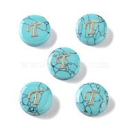 Synthetic Turquoise Beads, with Golden Tone Brass Slices, Flat Round with Letter, Letter T, 15x5.5mm, Hole: 1.4mm(G-A238-02T)