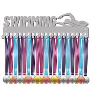 Fashion Iron Medal Hanger Holder Display Wall Rack, 20 Hooks, with Screws, Word SWIMMING, Silver Color Plated, 117x400mm(ODIS-WH0037-008)