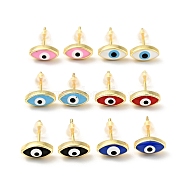Enamel Horse Eye Stud Earrings, Gold Plated Brass Jewelry for Women, Cadmium Free & Lead Free, Mixed Color, 5x9.5mm, Pin: 0.7mm(EJEW-G282-08G)