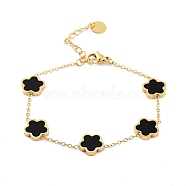 Flower Resin Link Chain Bracelets, Golden Tone 304 Stainless Steel Cable Chain Bracelets for Women, Black, 6-1/4~6-3/8 inch(15.9~16.3cm)(BJEW-K247-01G-03)