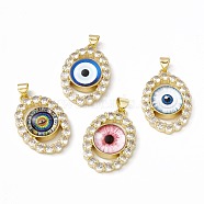 Rack Plating Brass Micro Pave Clear Cubic Zirconia Pendants, with Resin, Real 18K Gold Plated, Long-Lasting Plated, Cadmium Free & Lead Free, Oval with Evil Eye, Mixed Color, 29x19.5x7mm, Hole: 4x3mm(ZIRC-C041-39G)