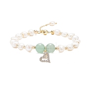 Natural Green Aventurine & Pearl Beaded Bracelet with Cubic Zirconia Heart Charm, Gemstone Jewelry for Women, Inner Diameter: 2-1/8~2-5/5 inch(5.4~6.8cm)(BJEW-JB08167-02)