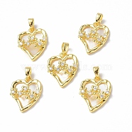 Shell Pendants, with Brass Micro Pave Cubic Zirconia Findings, Asymmetrical Heart with Flower Charm, Real 18K Gold Plated, 17.5x14x5mm, Hole: 4.5x2mm(KK-P223-05G)