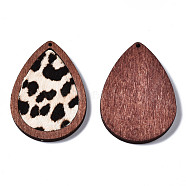 Eco-Friendly Cowhide Leather Pendants, with Dyed Wood, Teardrop with Leopard Print, Coconut Brown, 46x32.5x4mm, Hole: 1.2mm(FIND-S301-33C-13)