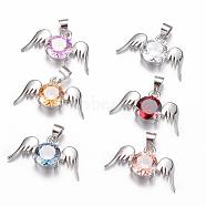 Brass Cubic Zirconia Pendant, Angel Wings, Platinum, Mixed Color, 11.5x21x5mm, Hole: 4x5mm(ZIRC-P016-49P)