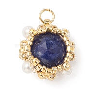 Natural Sodalite Pendants, Faceted Flat Round Charms with TOHO Round Seed Beads and Round Shell Pearl Beads Wrapped, Real 18K Gold Plated, 15x13.5x6.5mm, Hole: 2.6mm(PALLOY-MZ00170-03)