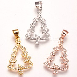 Brass Micro Pave Cubic Zirconia Pendants, Christmas Tree, Clear, Mixed Color, 23x15x2mm, Hole: 3.5x5mm(ZIRC-F086-01)