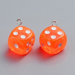 Transparent Resin Pendants, with Platinum Plated Iron Loops, Dice, Orange, 23.5x19x19mm, Hole: 2mm(RESI-CJC0001-58F)